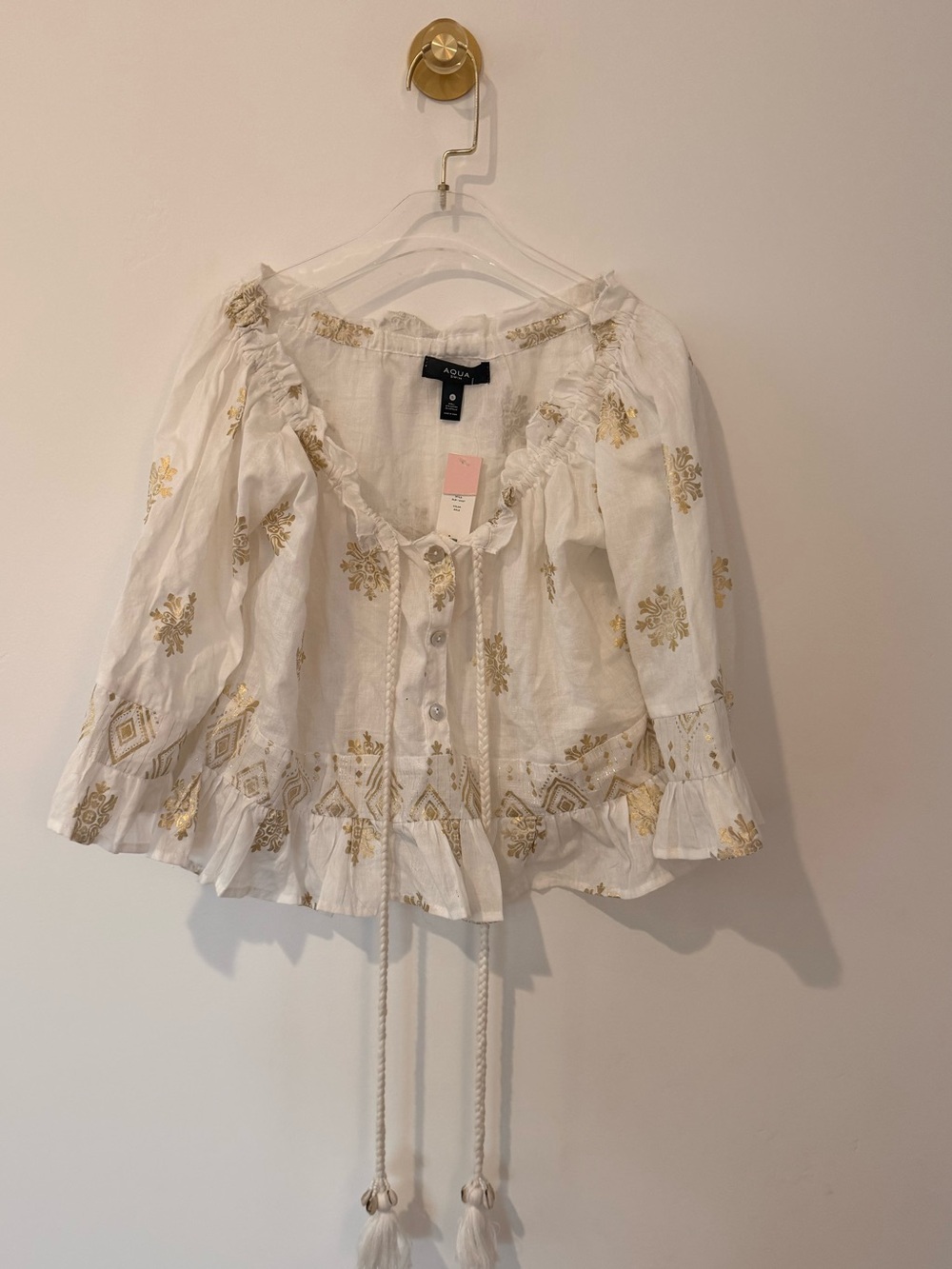 NWT- Awua White Off-Shoulder Tunic with Gold Foil Accents-  small